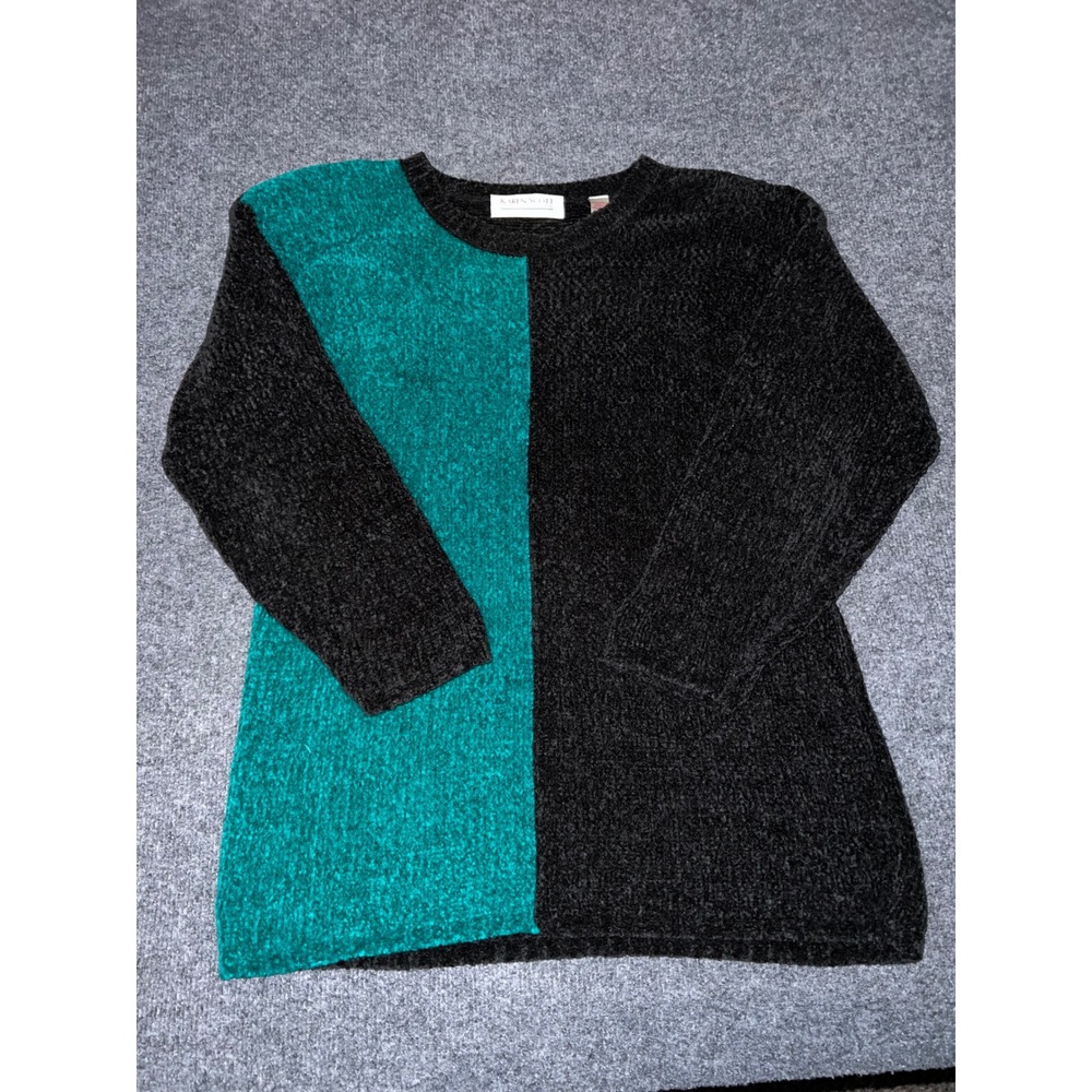 Karen Scott Petites Chenille Sweater Black Teal Colorblock PM Vintage 90s Soft